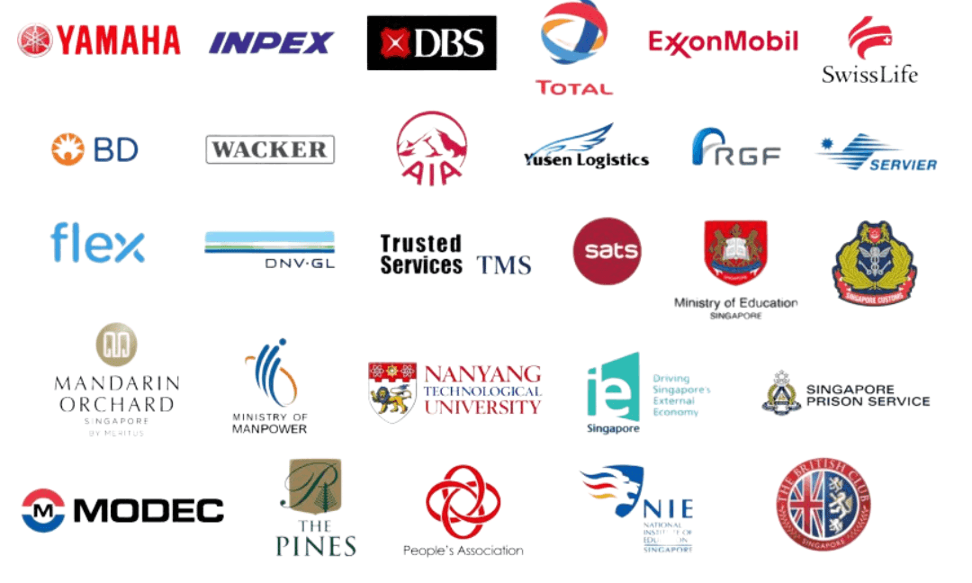 Our corporate clients including Yamaha, DBS, ExxonMobil, Total, Swiss Life, AIA, SATS, Ministry of Education, NTU, and more